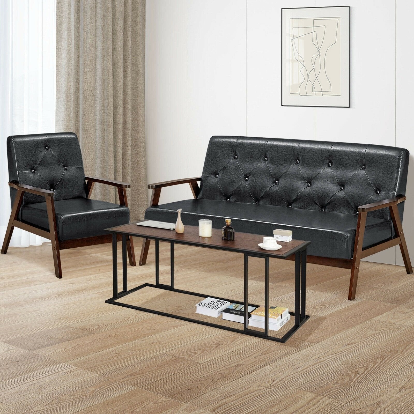Classic Accent Armchair with Rubber Wood Legs and Armrests, Black - Gallery Canada