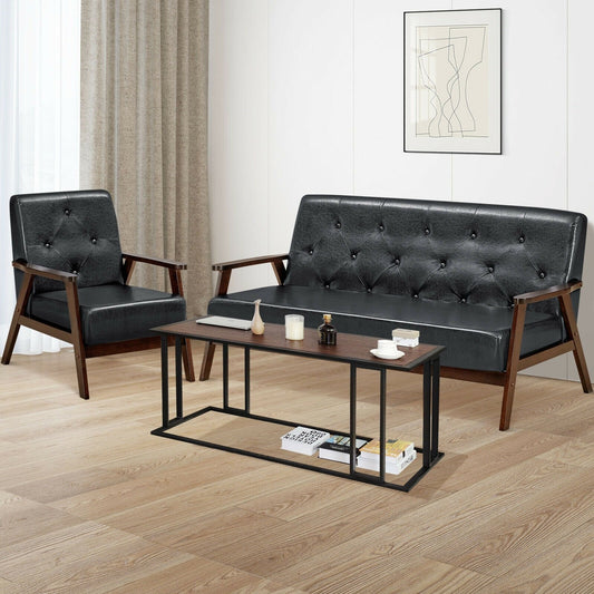 3-Seater PU Leather Upholstered Sofa Couch with Rubber Wood Legs, Black - Gallery Canada