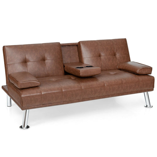 Convertible Folding Leather Futon Sofa with Cup Holders and Armrests, Brown