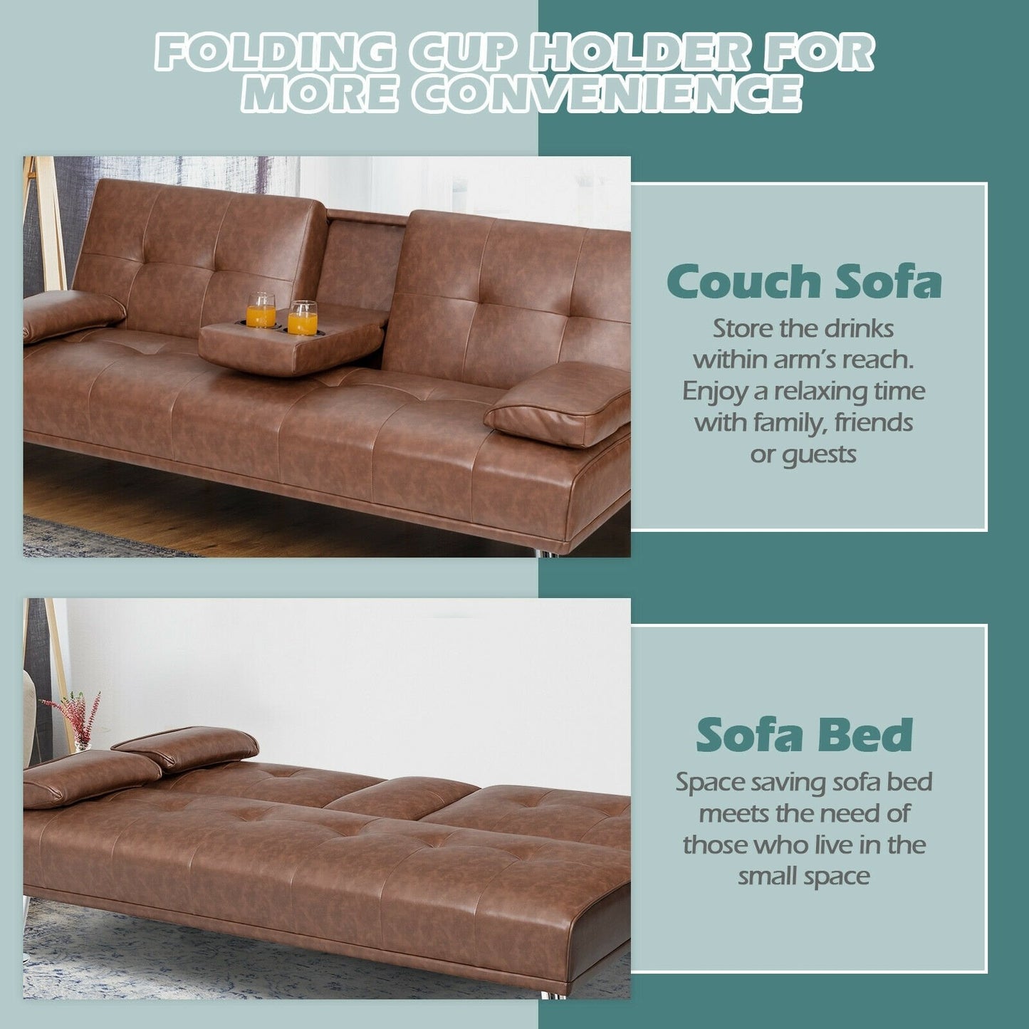 Convertible Folding Leather Futon Sofa with Cup Holders and Armrests, Brown - Gallery Canada