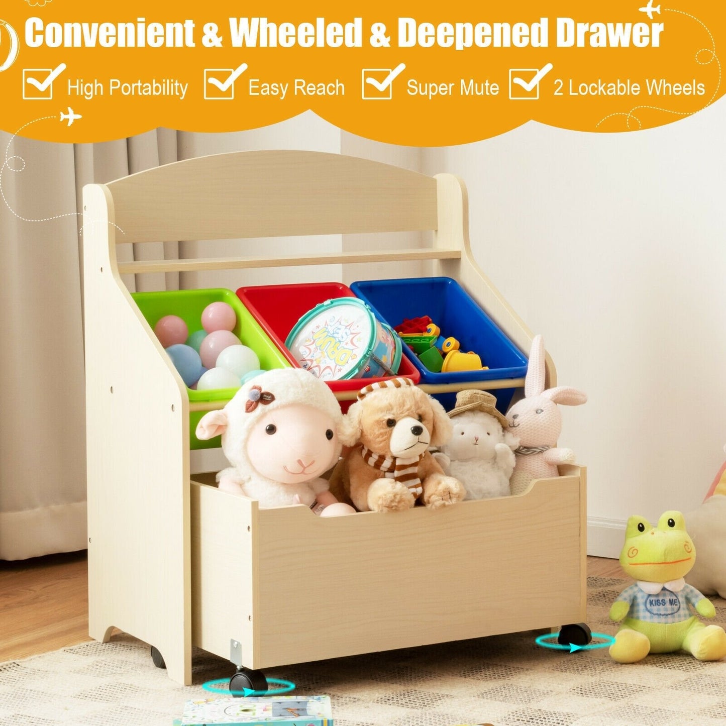 Kids Wooden Toy Storage Unit Organizer with Rolling Toy Box and Plastic Bins, Natural - Gallery Canada