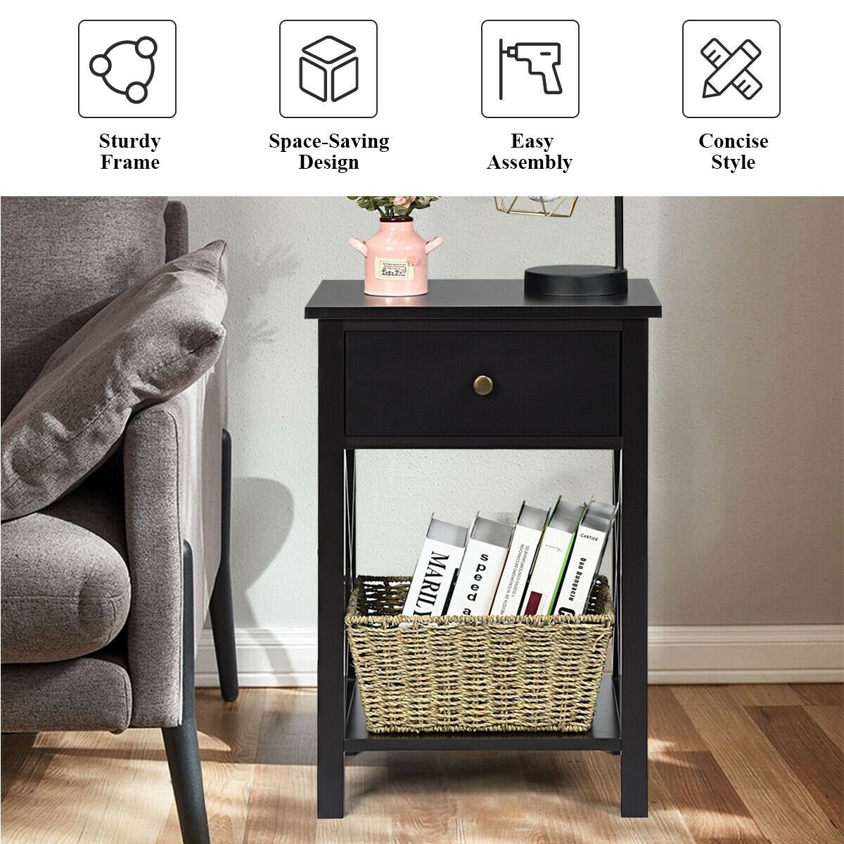 2pcs Bedroom Side End Nightstand with Drawer, Brown - Gallery Canada