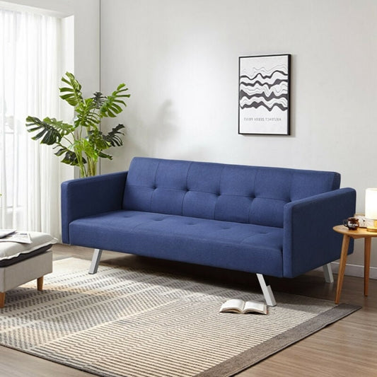 3 Seat Convertible Linen Fabric Futon Sofa with USB and Power Strip, Blue - Gallery Canada