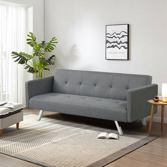 3 Seat Convertible Linen Fabric Futon Sofa with USB and Power Strip, Gray - Gallery Canada