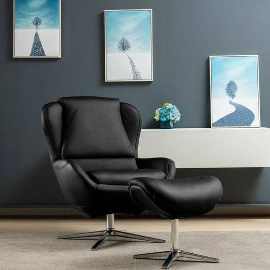 360°  Swivel Leather Lounge Chair with Ottoman and Aluminum Alloy Base, Black - Gallery Canada