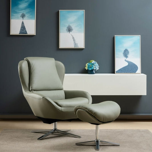 360°  Swivel Leather Lounge Chair with Ottoman and Aluminum Alloy Base, Gray - Gallery Canada