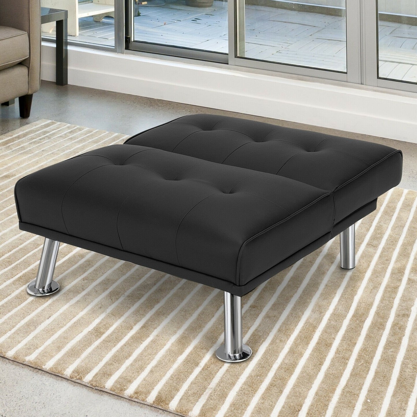 Folding PU Leather Single Sofa with Metal Legs and Adjustable Backrest, Black - Gallery Canada
