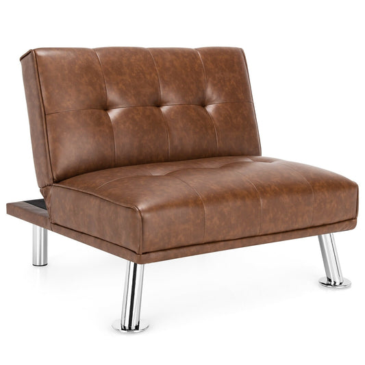 Folding PU Leather Single Sofa with Metal Legs and Adjustable Backrest, Brown - Gallery Canada