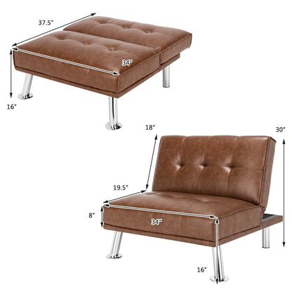 Folding PU Leather Single Sofa with Metal Legs and Adjustable Backrest, Brown - Gallery Canada