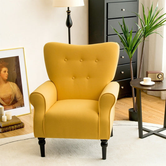 Modern Accent Chair with Tufted Backrest and Rubber Wood Avocado Legs, Yellow - Gallery Canada