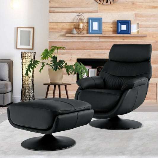 360° Swivel Leather Lounge Chair with Ottoman and Thick Footstool, Black - Gallery Canada