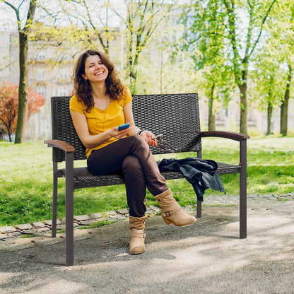 Patio Rattan Wicker Bench with Armrest for Garden, Black Outdoor Benches at Gallery Canada