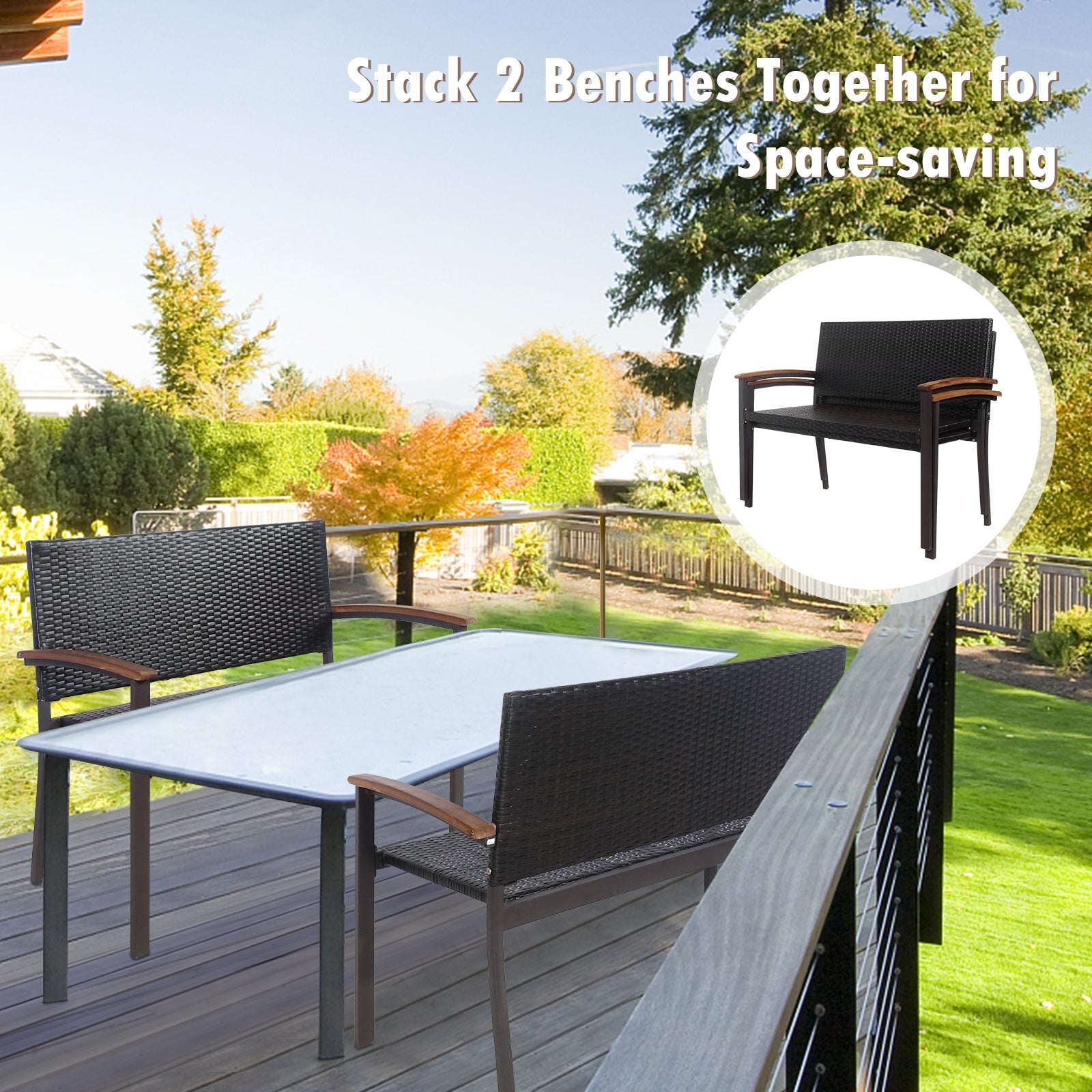 Patio Rattan Wicker Bench with Armrest for Garden, Black Outdoor Benches at Gallery Canada