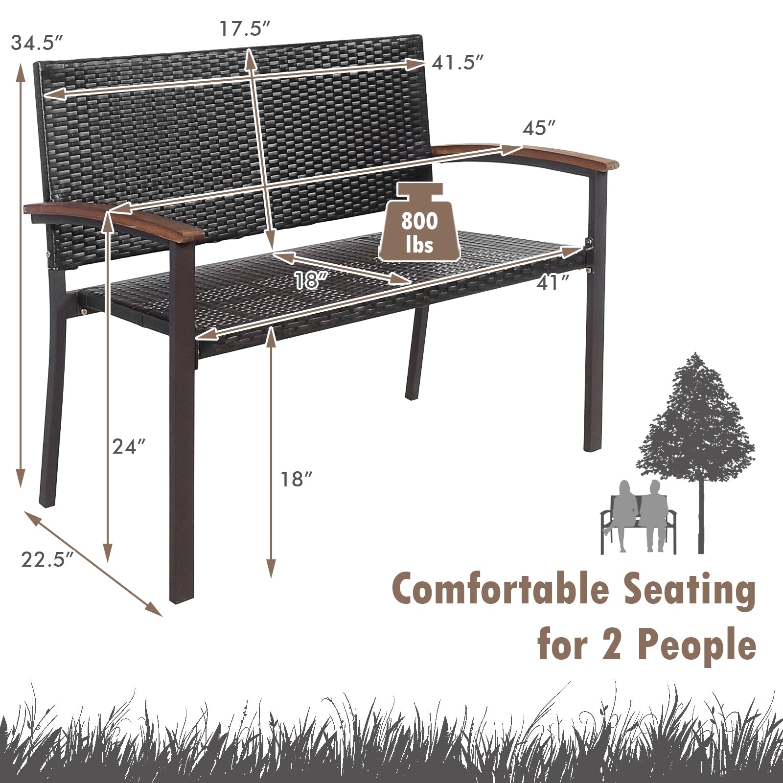 Patio Rattan Wicker Bench with Armrest for Garden, Black Outdoor Benches at Gallery Canada