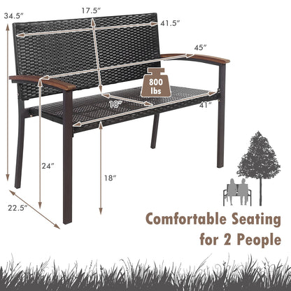 Patio Rattan Wicker Bench with Armrest for Garden, Black Outdoor Benches at Gallery Canada