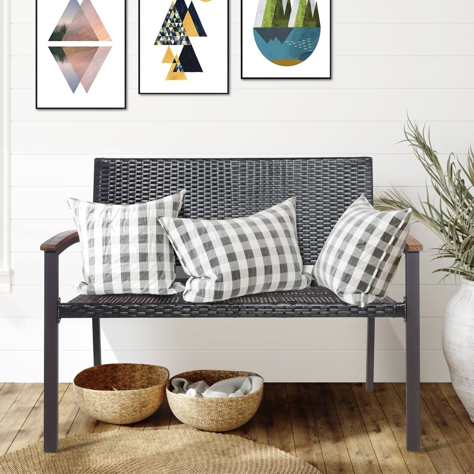 Patio Rattan Wicker Bench with Armrest for Garden, Black Outdoor Benches at Gallery Canada