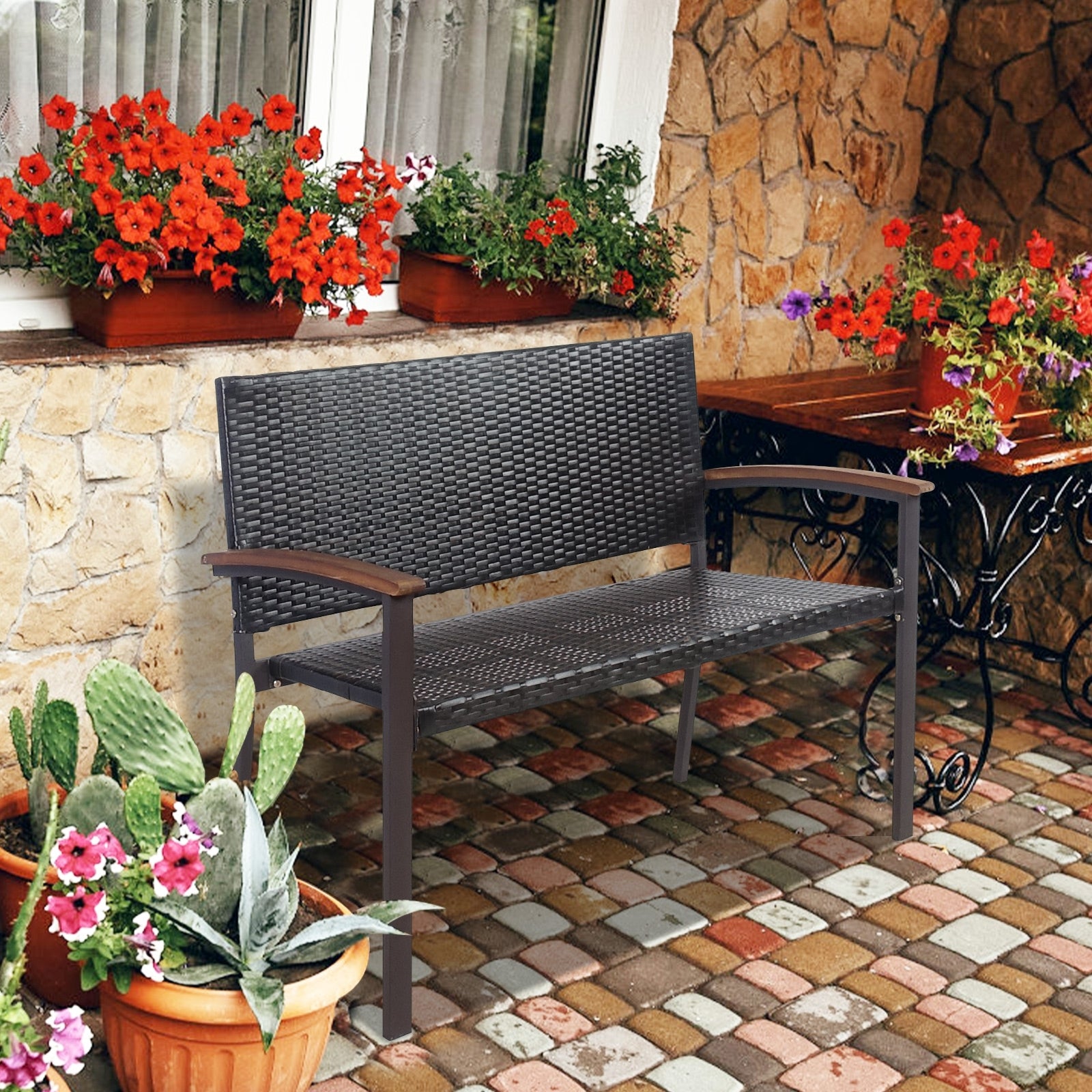 Patio Rattan Wicker Bench with Armrest for Garden, Black Outdoor Benches at Gallery Canada