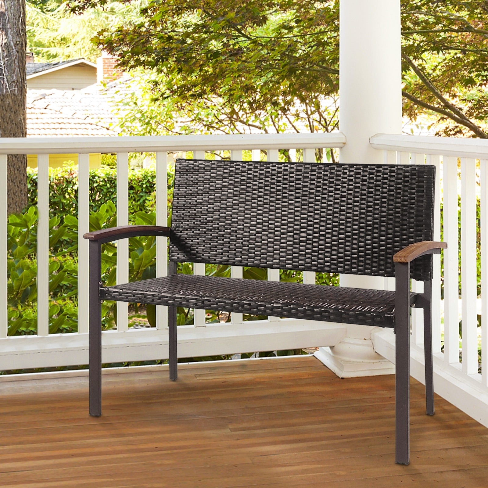 Patio Rattan Wicker Bench with Armrest for Garden, Black Outdoor Benches at Gallery Canada