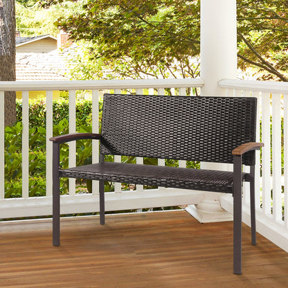 Patio Rattan Wicker Bench with Armrest for Garden, Black Outdoor Benches at Gallery Canada