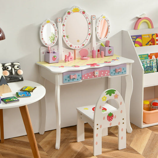 Kids Vanity Princess Makeup Dressing Table Chair Set with Tri-fold Mirror, White - Gallery Canada