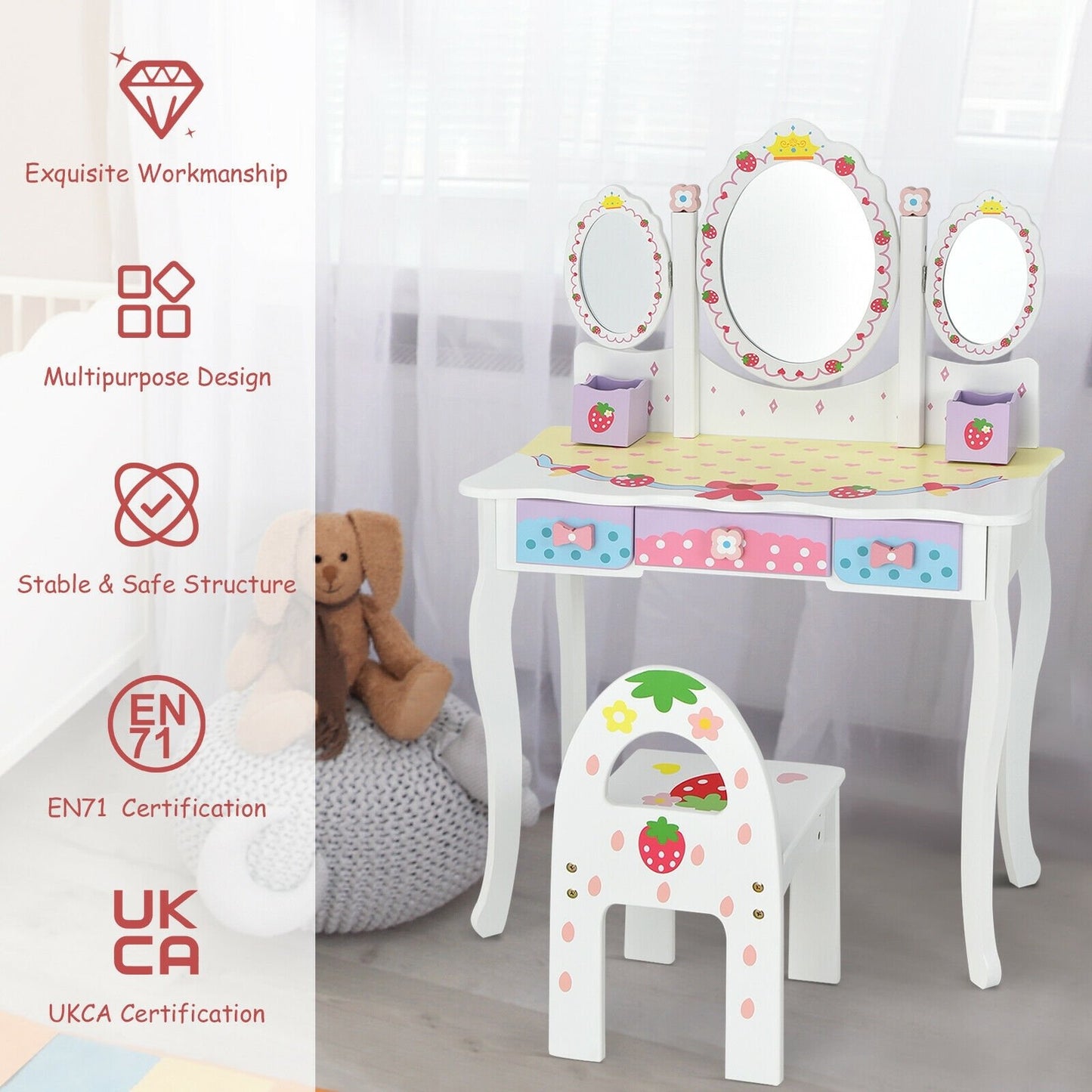 Kids Vanity Princess Makeup Dressing Table Chair Set with Tri-fold Mirror, White - Gallery Canada