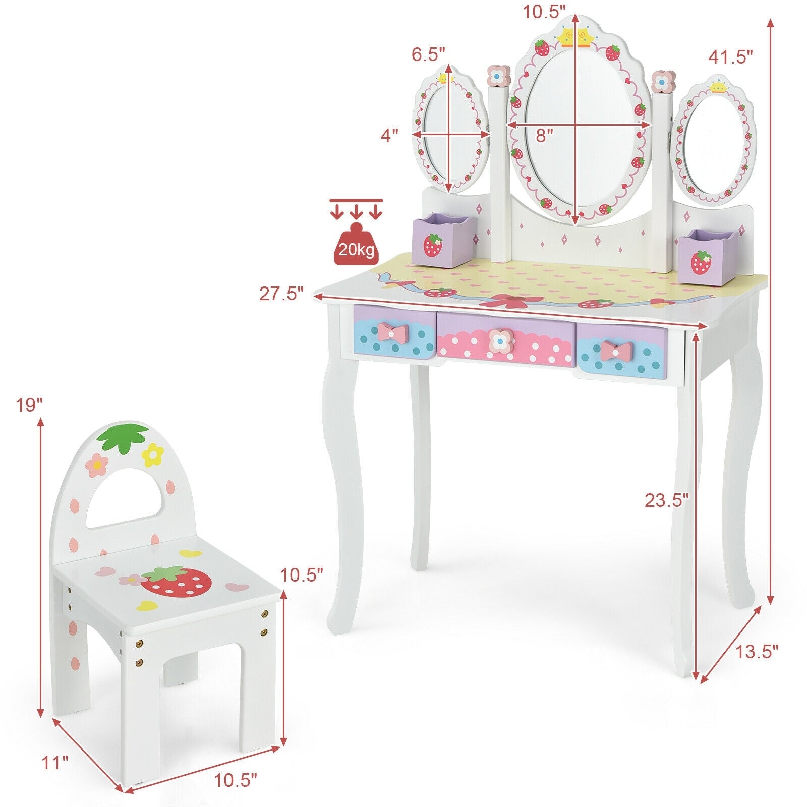 Kids Vanity Princess Makeup Dressing Table Chair Set with Tri-fold Mirror, White Kids Vanities at Gallery Canada