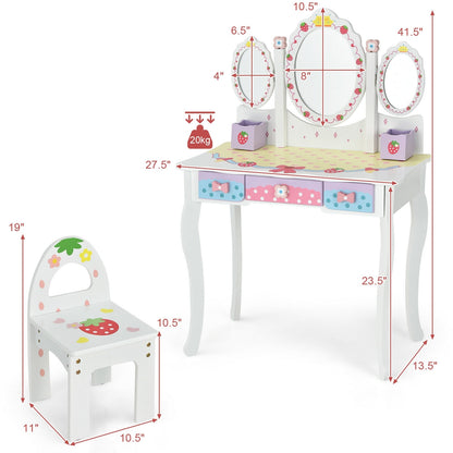 Kids Vanity Princess Makeup Dressing Table Chair Set with Tri-fold Mirror, White Kids Vanities at Gallery Canada