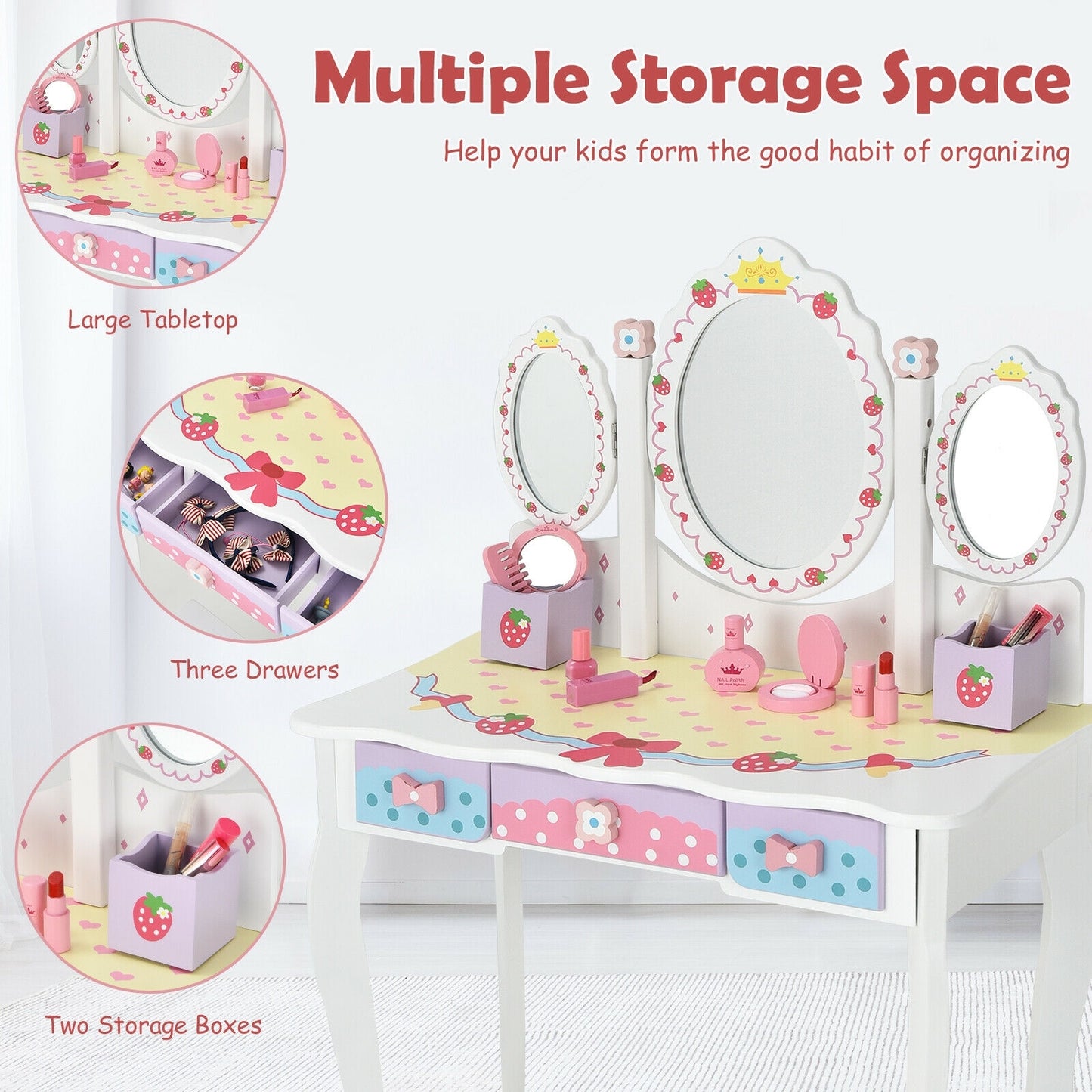 Kids Vanity Princess Makeup Dressing Table Chair Set with Tri-fold Mirror, White Kids Vanities at Gallery Canada