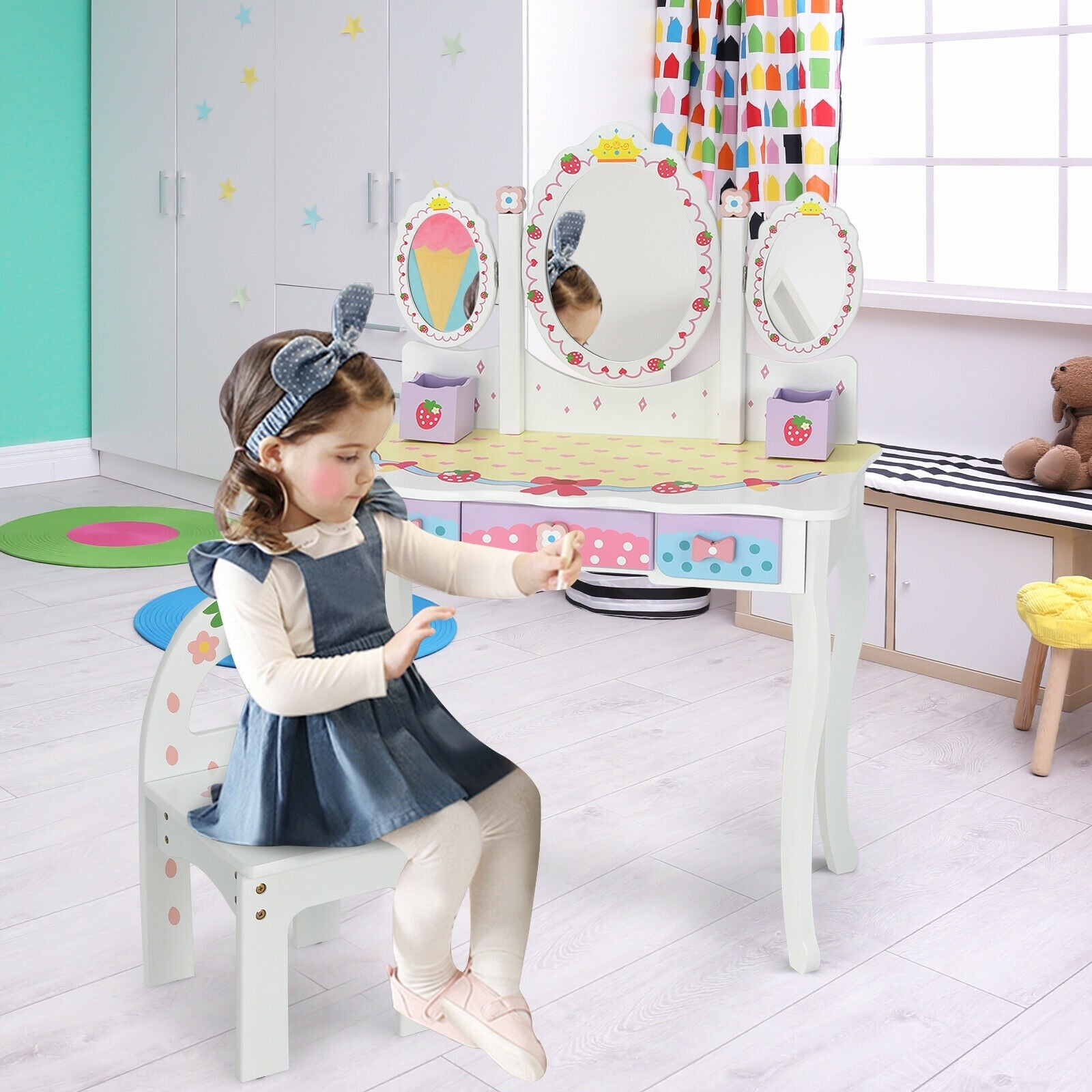 Kids Vanity Princess Makeup Dressing Table Chair Set with Tri-fold Mirror, White Kids Vanities at Gallery Canada