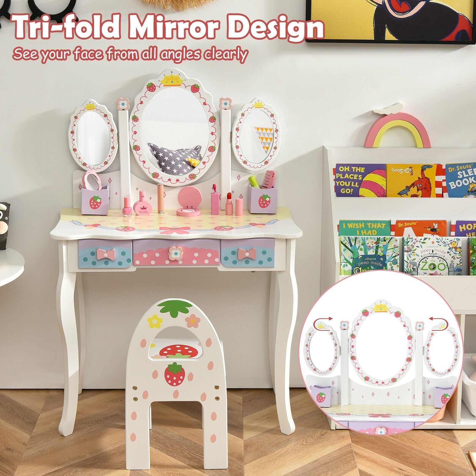 Kids Vanity Princess Makeup Dressing Table Chair Set with Tri-fold Mirror, White Kids Vanities at Gallery Canada