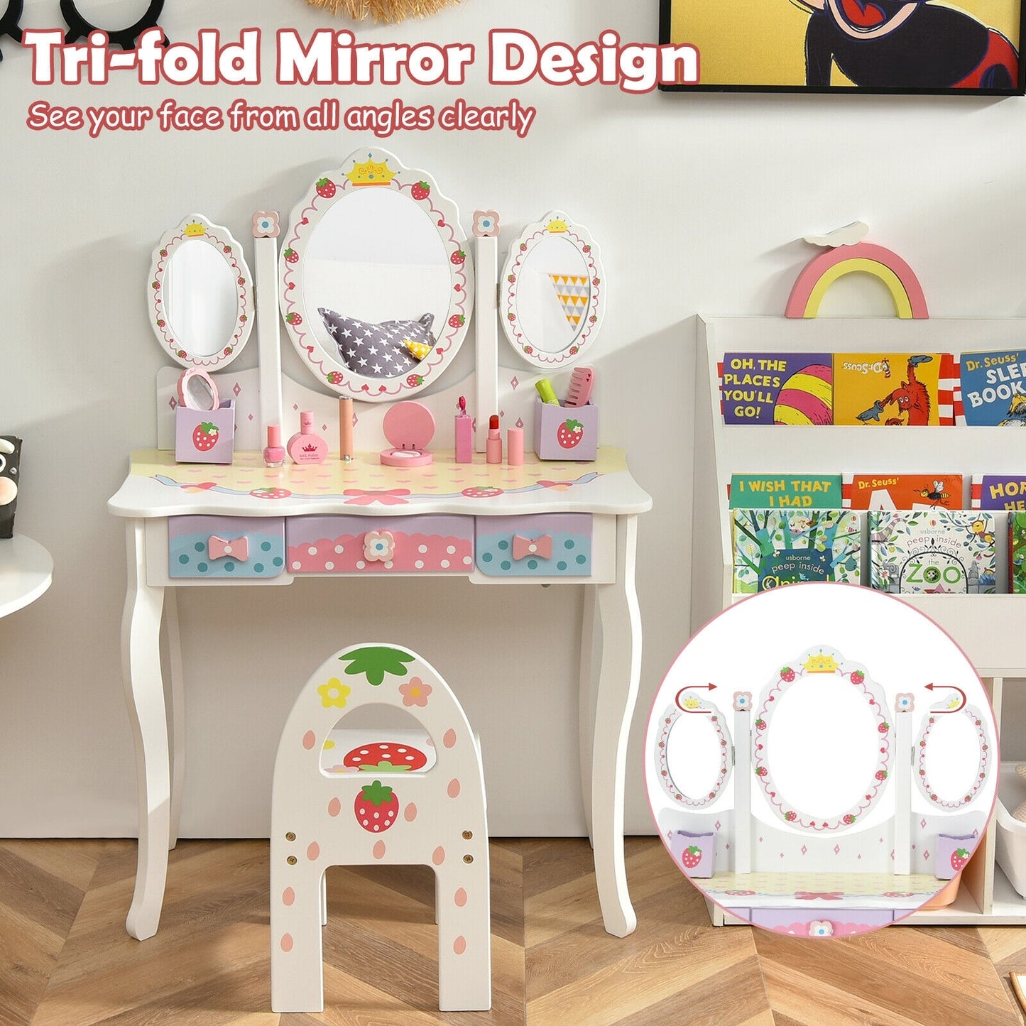 Kids Vanity Princess Makeup Dressing Table Chair Set with Tri-fold Mirror, White Kids Vanities at Gallery Canada