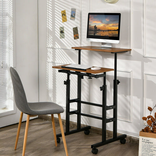 Height Adjustable Mobile Standing Desk with rolling wheels for office and home, Walnut
