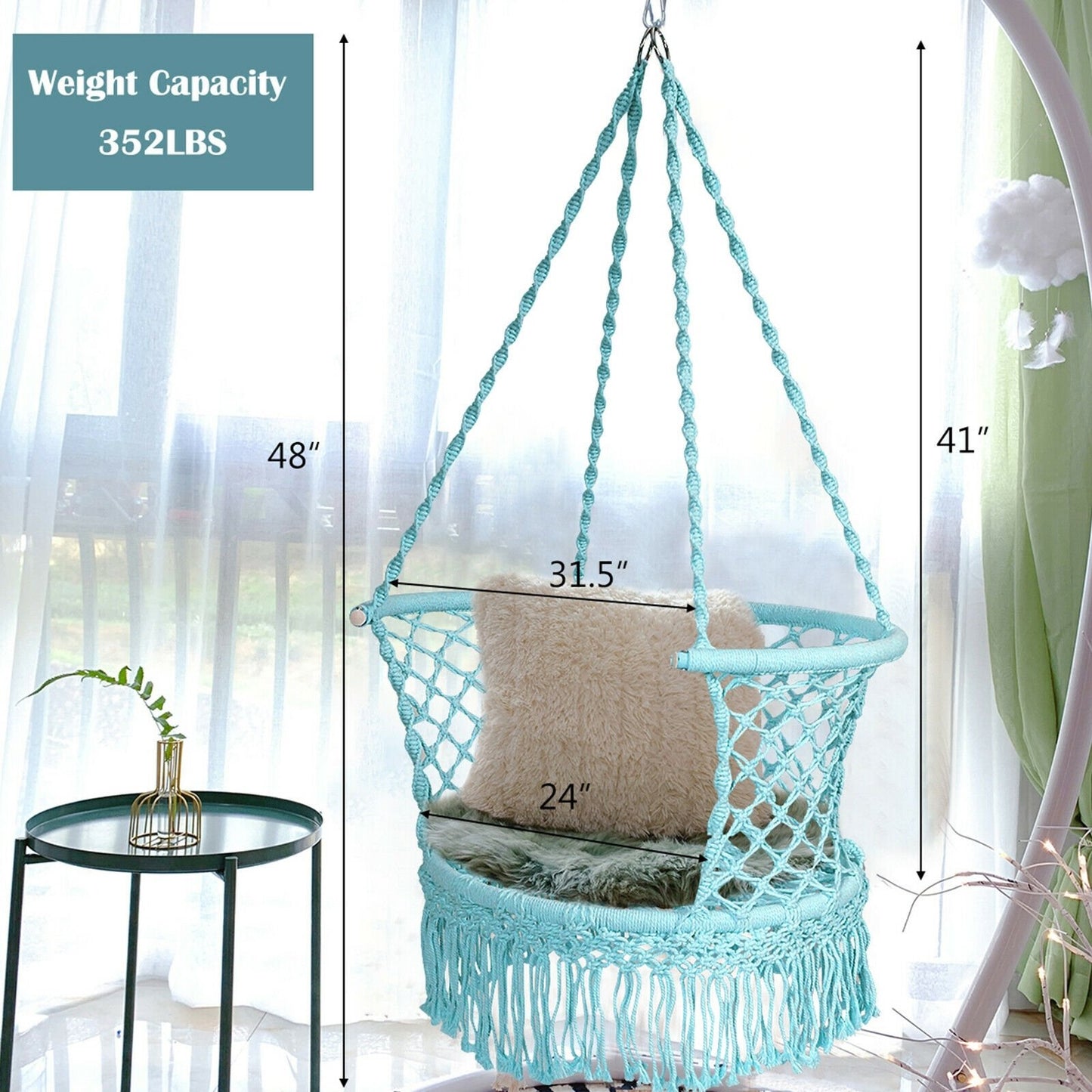 Hanging Hammock Chair Macrame Swing Hand Woven Cotton Backrest, Turquoise - Gallery Canada
