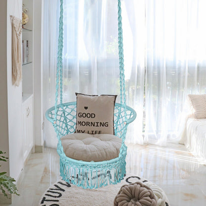 Hanging Hammock Chair Macrame Swing Hand Woven Cotton Backrest, Turquoise - Gallery Canada