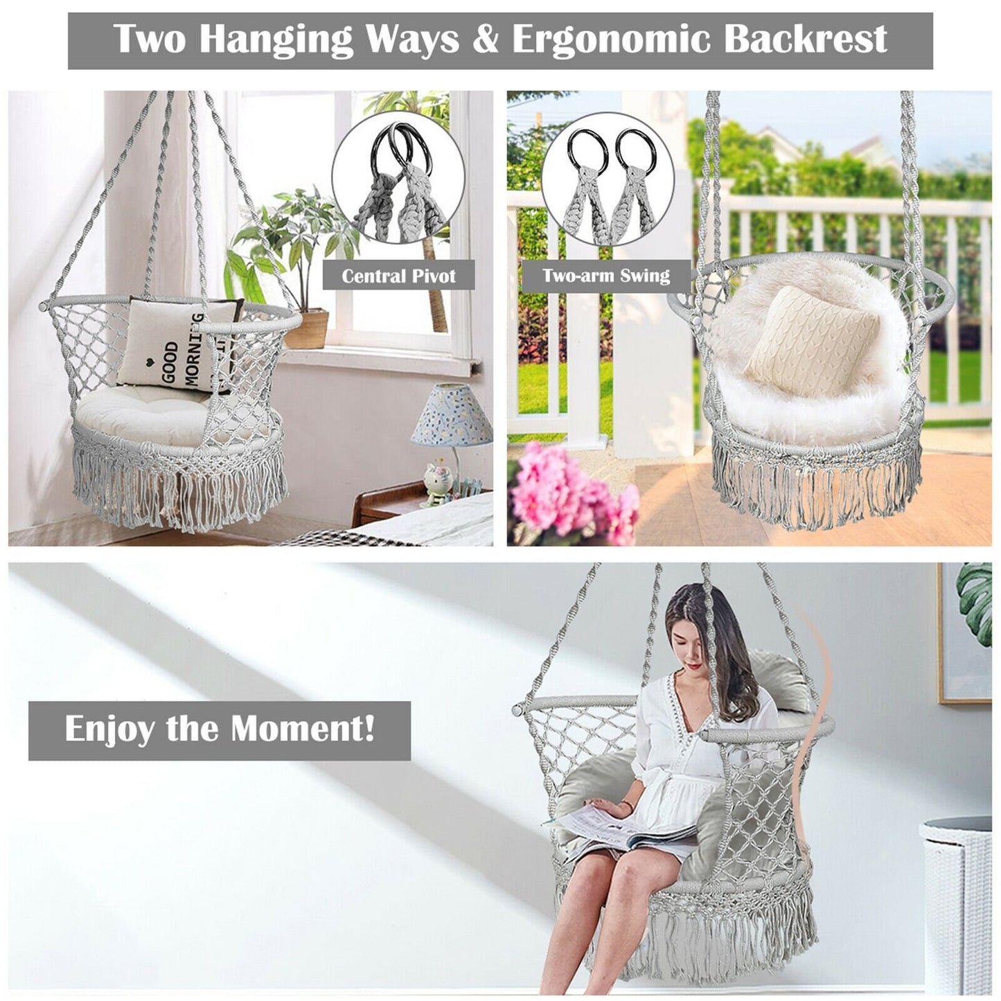 Hanging Hammock Chair Macrame Swing Hand Woven Cotton Backrest, Gray - Gallery Canada