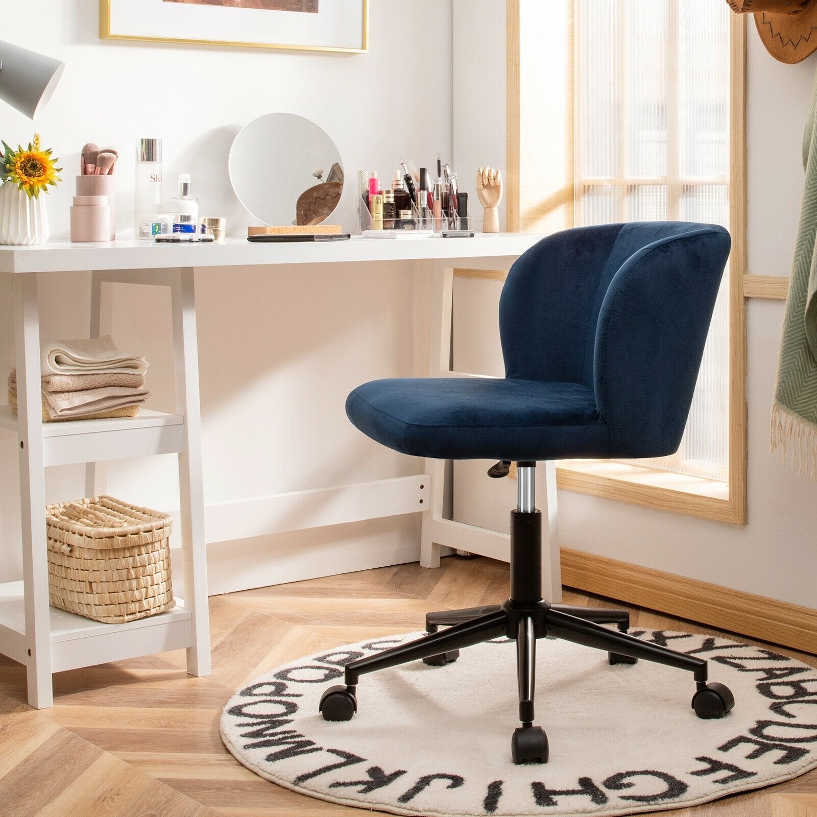 Armless Adjustable Swivel Velvet Home Office Leisure Vanity Chair, Blue - Gallery Canada