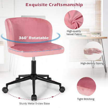Armless Adjustable Swivel Velvet Home Office Leisure Vanity Chair, Pink - Gallery Canada