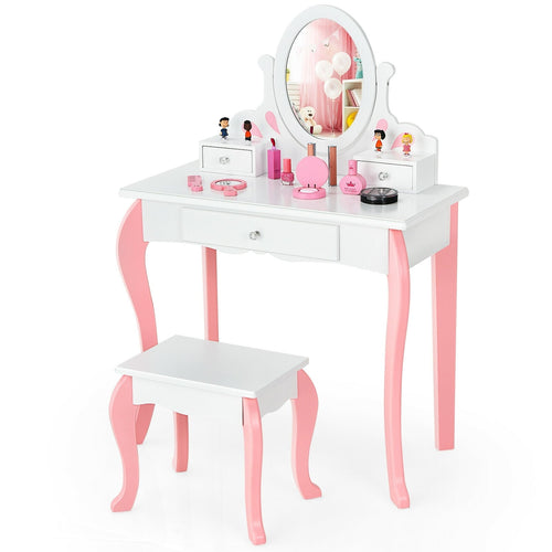 Kids Vanity Princess Makeup Dressing Table Stool Set, White