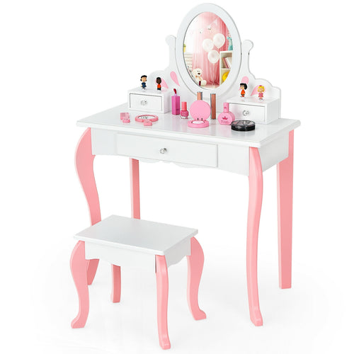 Kids Vanity Princess Makeup Dressing Table Stool Set with Mirror and Drawer, White