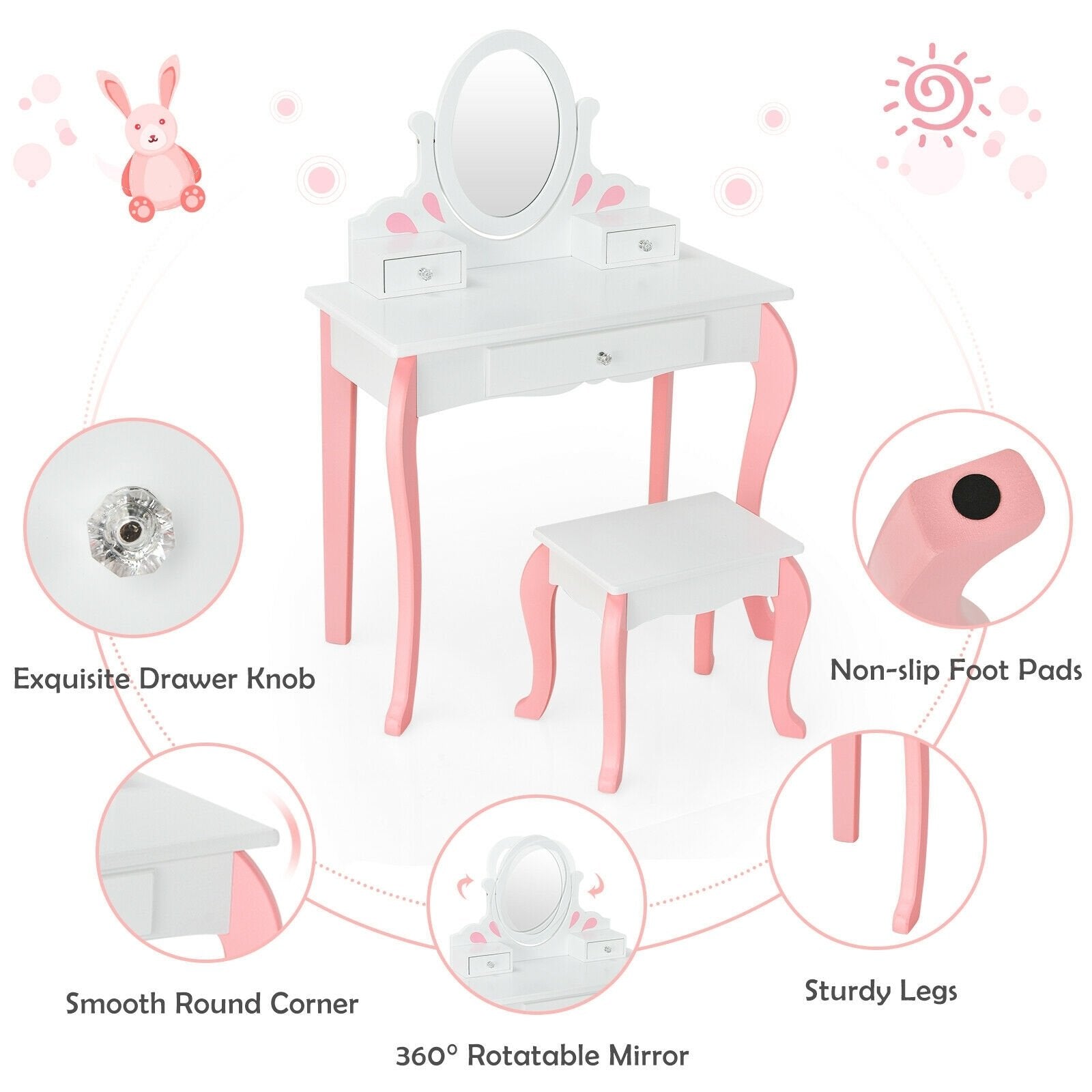 Kids Vanity Princess Makeup Dressing Table Stool Set with Mirror and Drawer, White - Gallery Canada