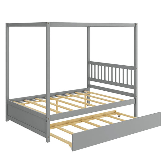 Full Size Canopy Bed with Trundle Wooden Platform Bed Frame Headboard, Gray - Gallery Canada