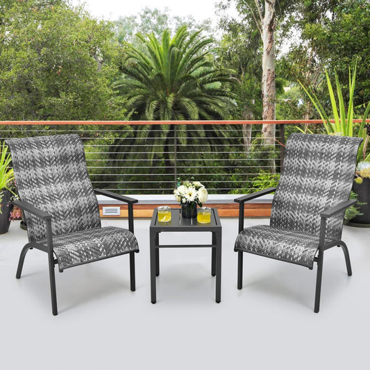 3 Pieces Patio Rattan Bistro Set with High Backrest and Armrest, Gray - Gallery Canada