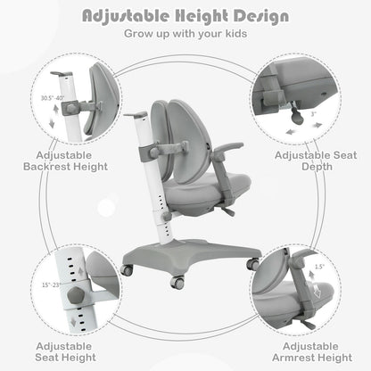 Kids Adjustable Height Depth Study Desk Chair with Sit-Brake Casters, Gray - Gallery Canada