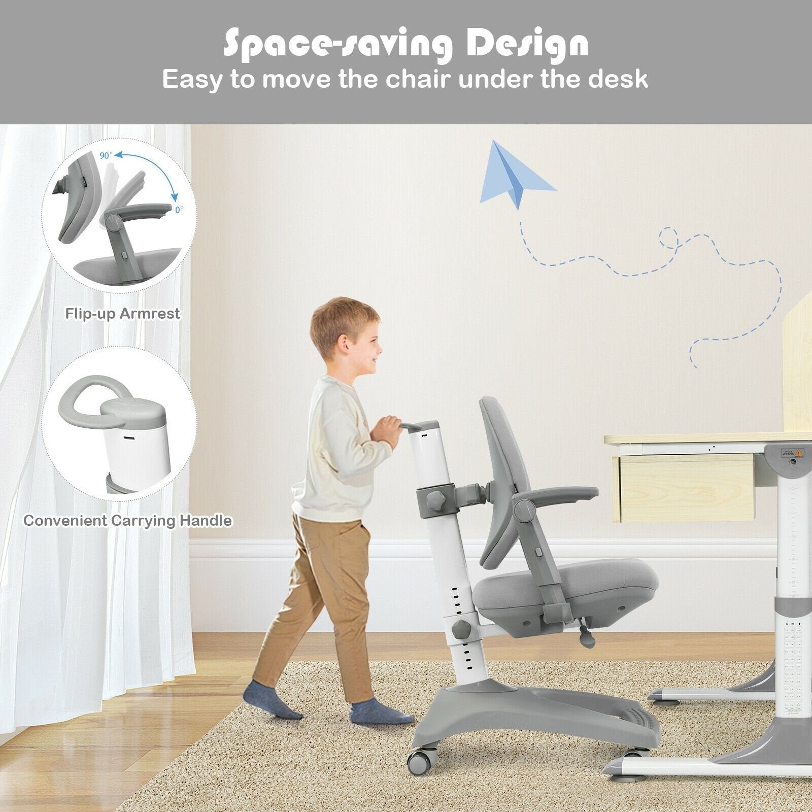 Kids Adjustable Height Depth Study Desk Chair with Sit-Brake Casters, Gray - Gallery Canada