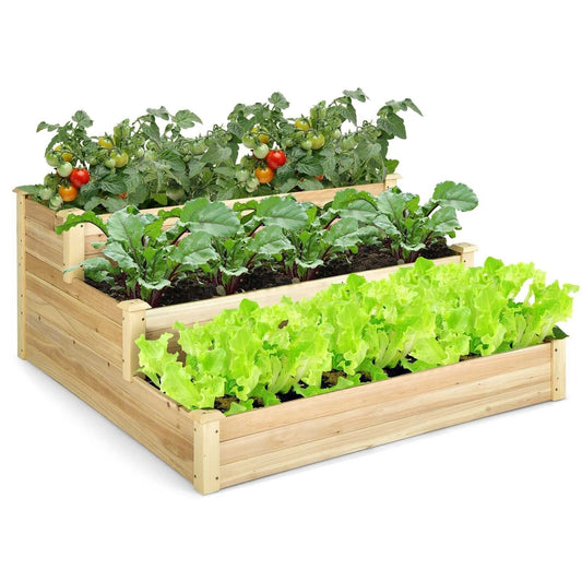 3-Tier Raised Garden Bed Wood Planter Kit for Flower Vegetable Herb, Natural