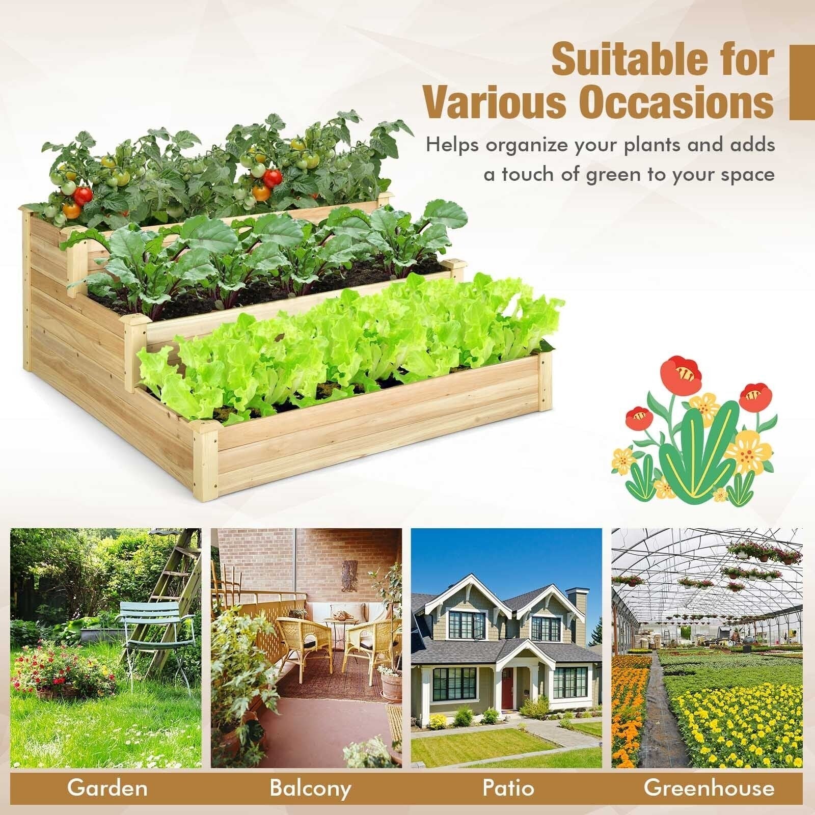 3-Tier Raised Garden Bed Wood Planter Kit for Flower Vegetable Herb, Natural - Gallery Canada