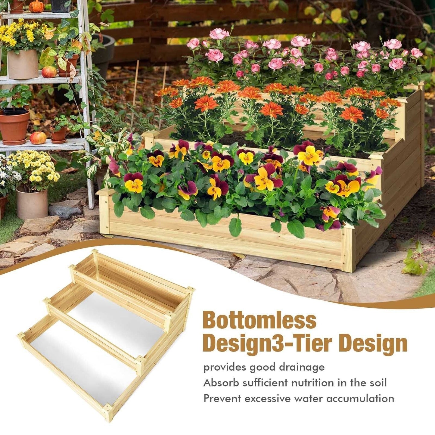 3-Tier Raised Garden Bed Wood Planter Kit for Flower Vegetable Herb, Natural - Gallery Canada