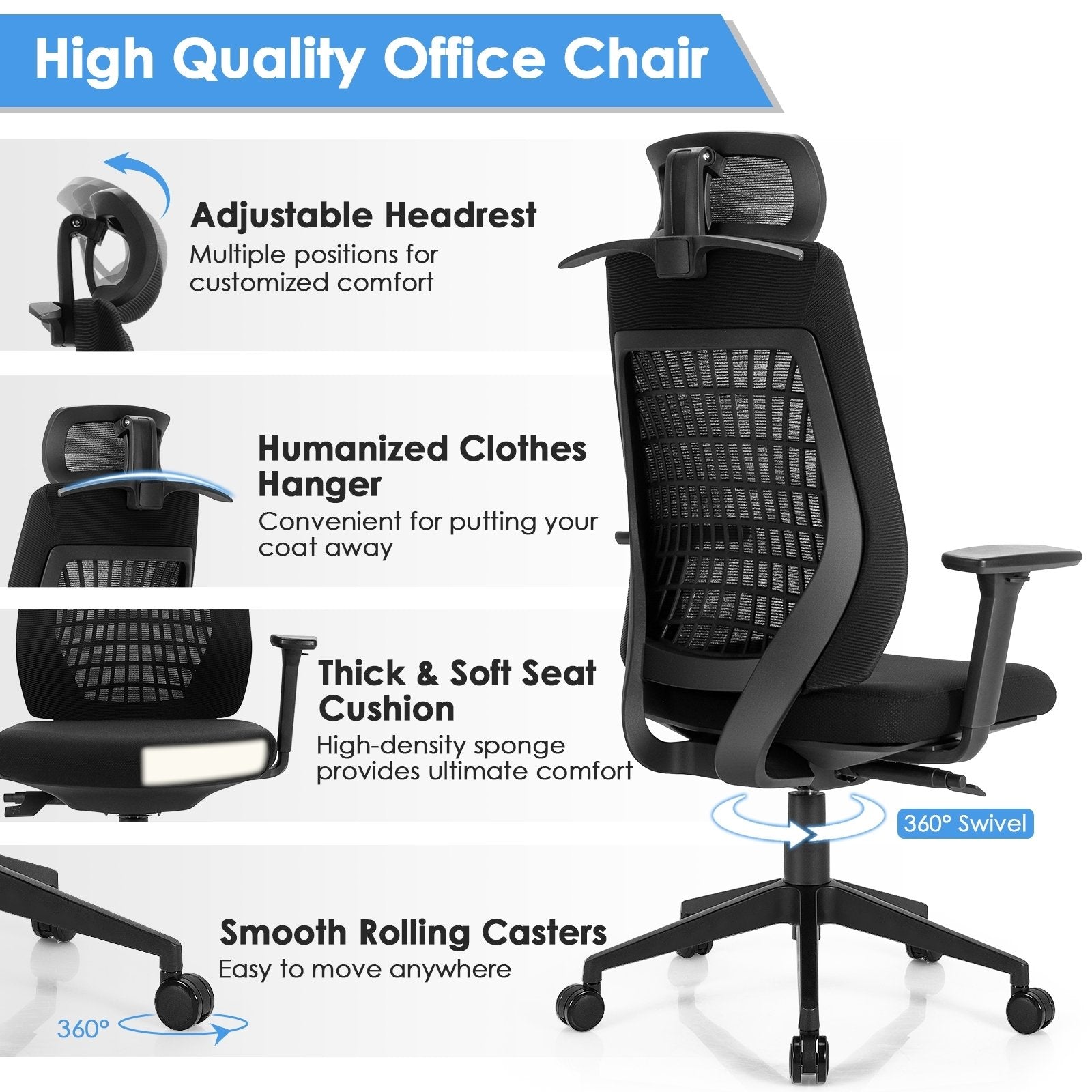 High Back Mesh Office Chair with Clothes Hanger, Black - Gallery Canada