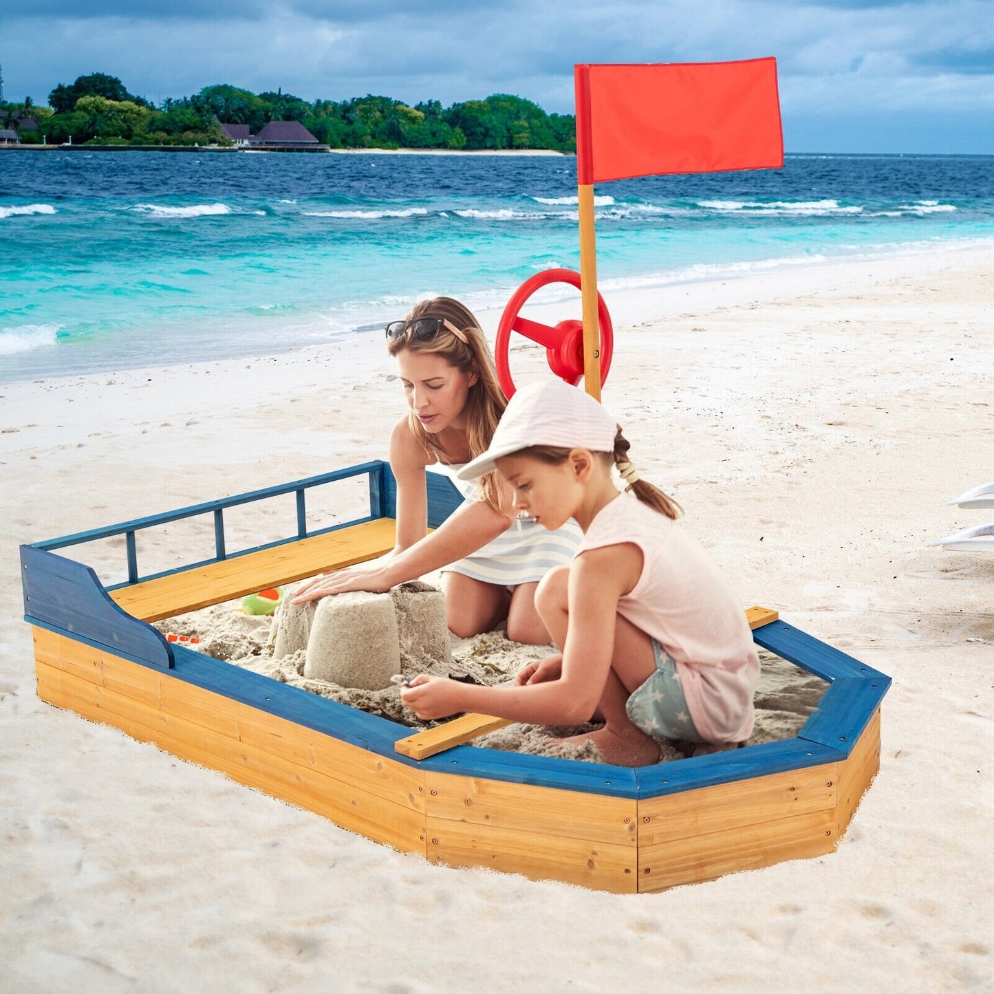 Kids' Pirate Boat Sandbox with Flag and Rudder, Natural