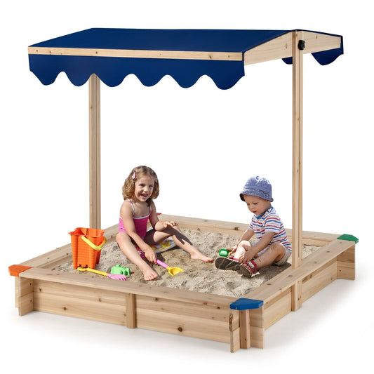 Kids Wooden Sandbox with Height Adjustable and Rotatable Canopy Outdoor Playset, Natural